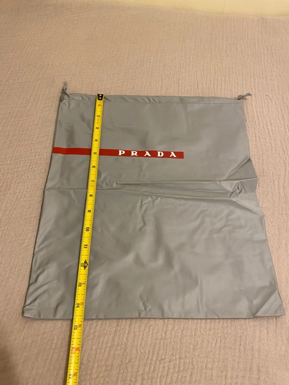 Prada Light Gray Nylon Drawstring Dust Bag with Red Logo Stripe